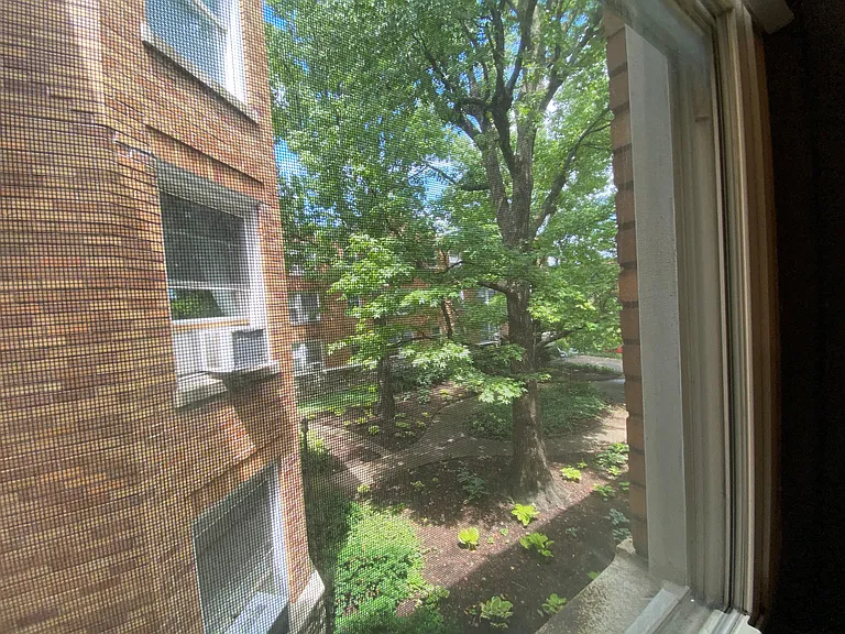 View out of main room window. Apartment overlooks landscaped courtyard.