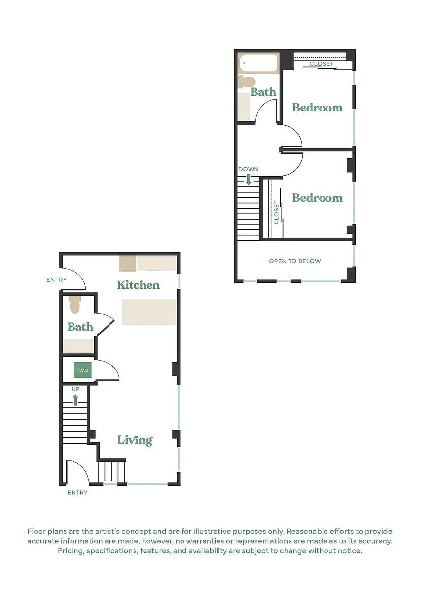 Floor plan 2 Bed, 2 Bath - Apt M Townhouse