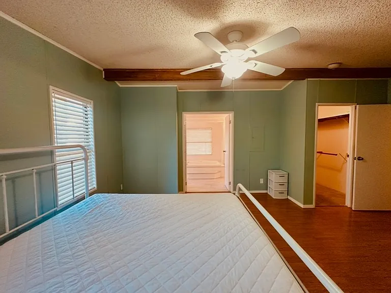 Large master bedroom with new king size bed, wrought iron head and footboard, walk-in closet, and ensuite bathroom.