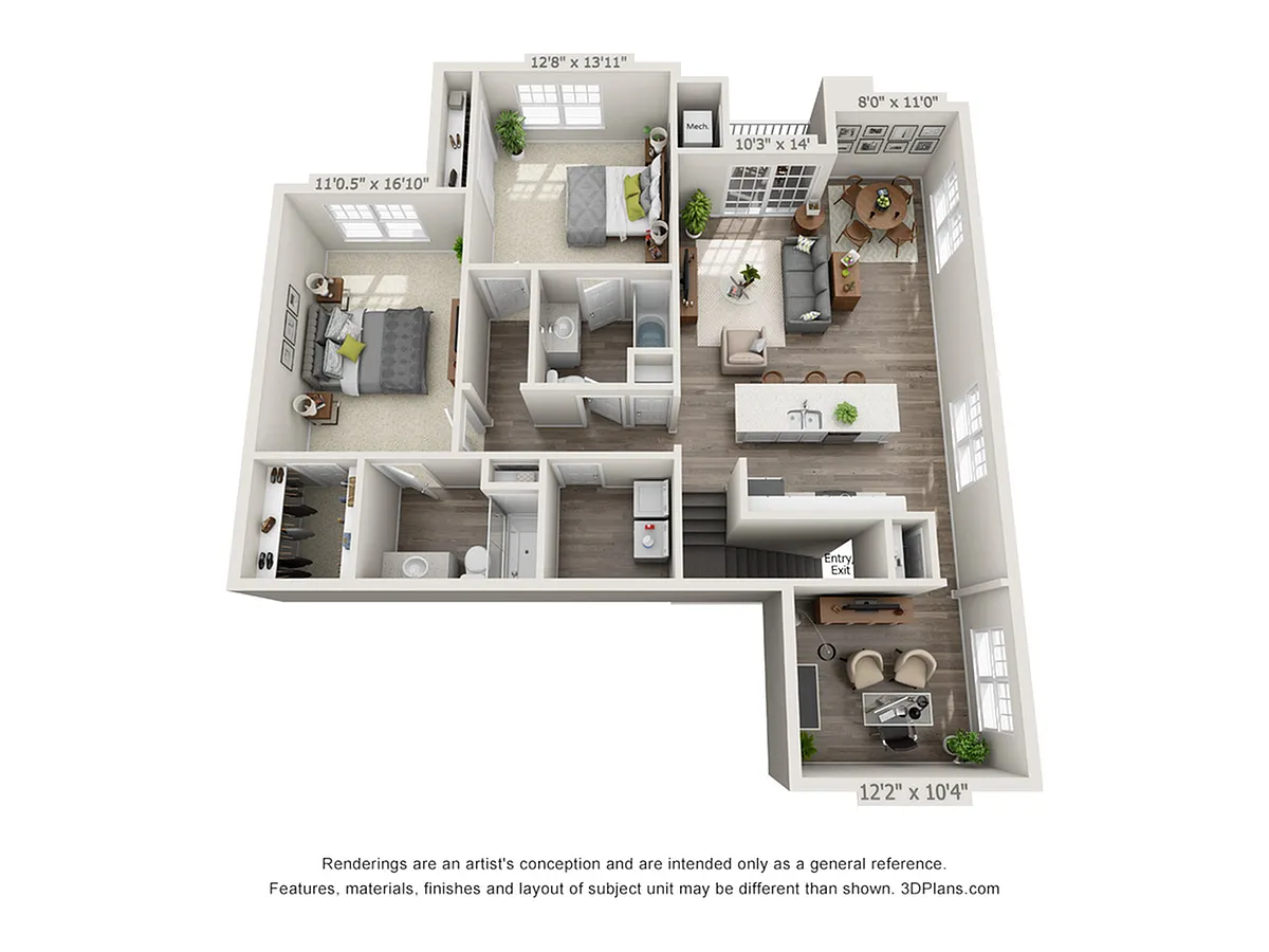 Floor plan 2-Bedroom 2-Bathroom w/Den and Garage | 1,437 sqft
