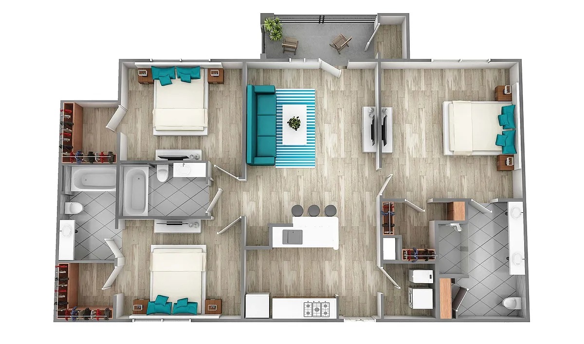 Floor plan Three Bedroom w/ Kitchen Island (1259 SF)