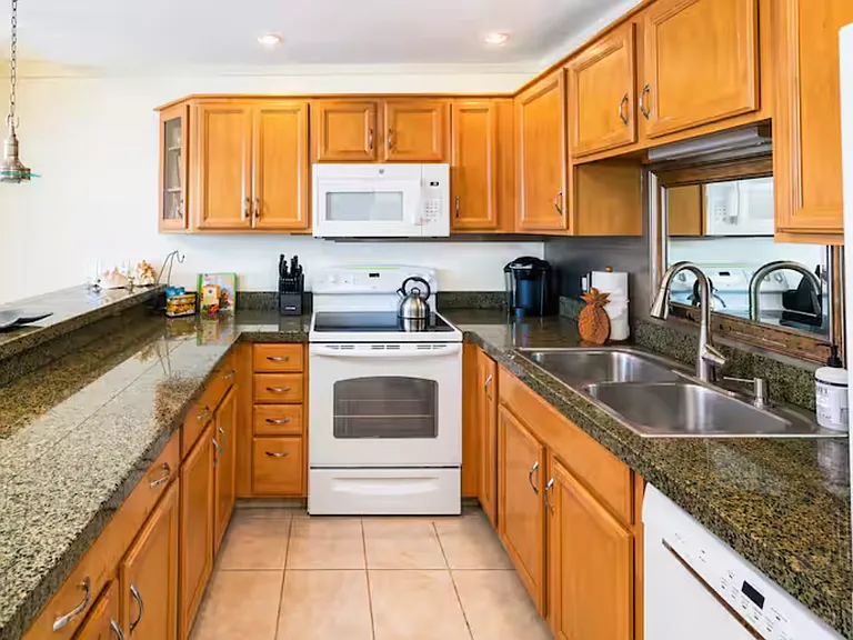 Fully equipped kitchen with ocean views.
