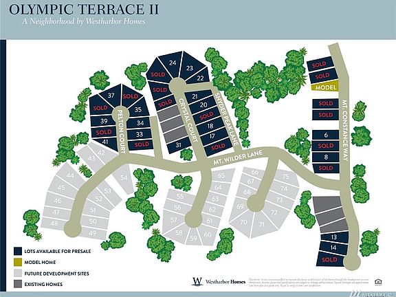 Map of the Olympic Terrace II community.  Currently all homes are pre-sales - no model homes are currently built.  We can build a home for you on any available lot in dark blue.  Availability is not guaranteed and subject to change. 