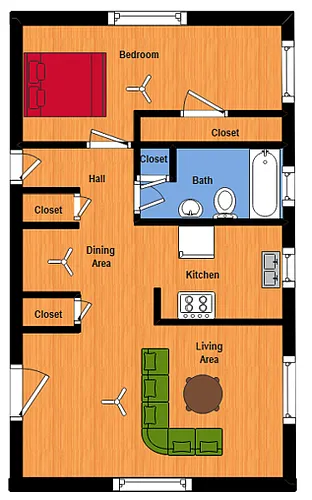 Floor plan Louisville 1 Bed, 1 Bath with W/D Hook-Up