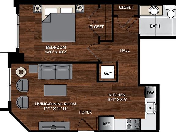 Apartment layout. Unit faces away from street traffic.