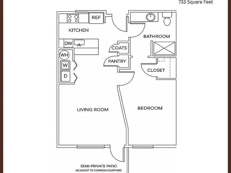 Elegant 1-bedroom deluxe floor plan featuring a spacious living room, modern kitchen, and semi-private patio, totaling 733 square feet. Elegant 1-bedroom deluxe floor plan featuring a spacious living room, modern kitchen, and semi-private patio, totaling 