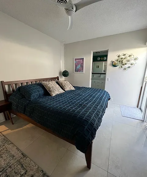 Main bedroom with King bed, ensuite bathroom, doors to private side and back patio. Not shown is the double length closet.