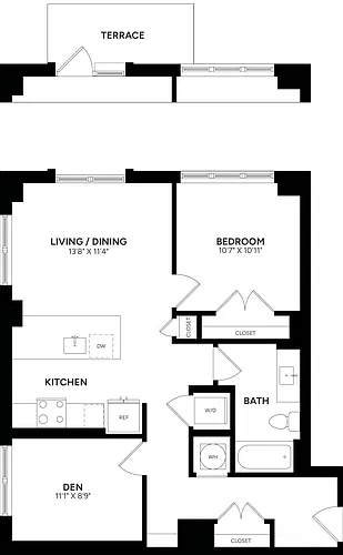 Floor plan 1 Bed/ 1 Bath Den-B09P
