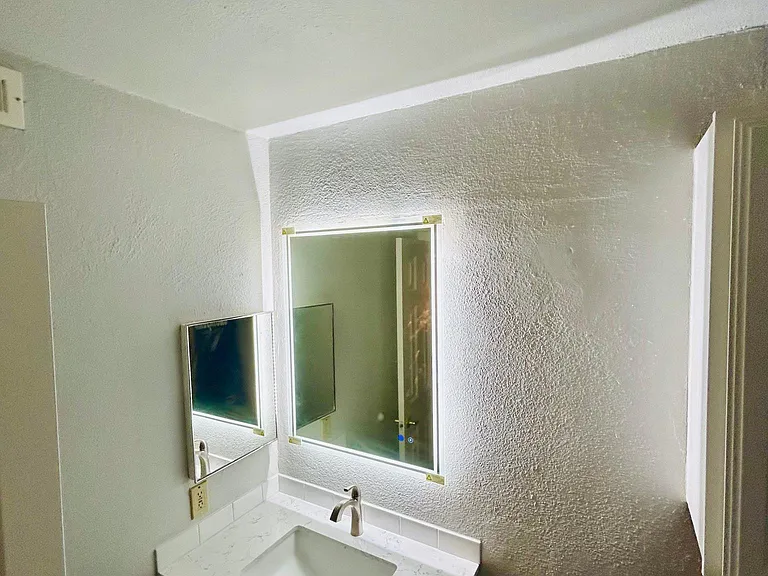 Master bathroom with new modern Anti-Fog, Dimmable LED Bathroom Mirrors with Lights and Altair Morgan Bath Vanity with Carrara White quartz