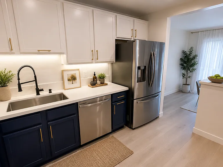Kitchen with stone counter and stainless steel appliances