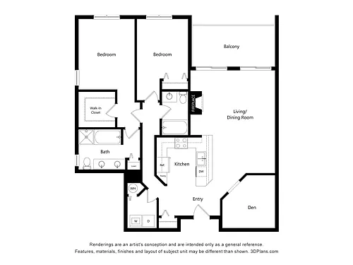 Floor plan BD1 Two Bed Two Bath + Den
