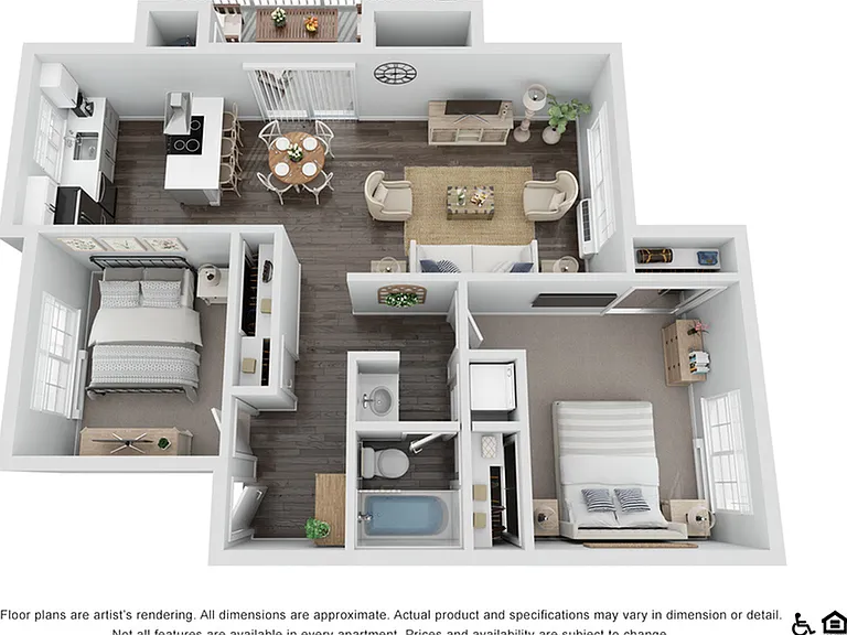Modern 3D floor plan featuring 2 bedrooms, open-plan kitchen and dining area, cozy living space, and a welcoming balcony. Modern 3D floor plan featuring 2 bedrooms, open-plan kitchen and dining area, cozy living space, and a welcoming balcony.