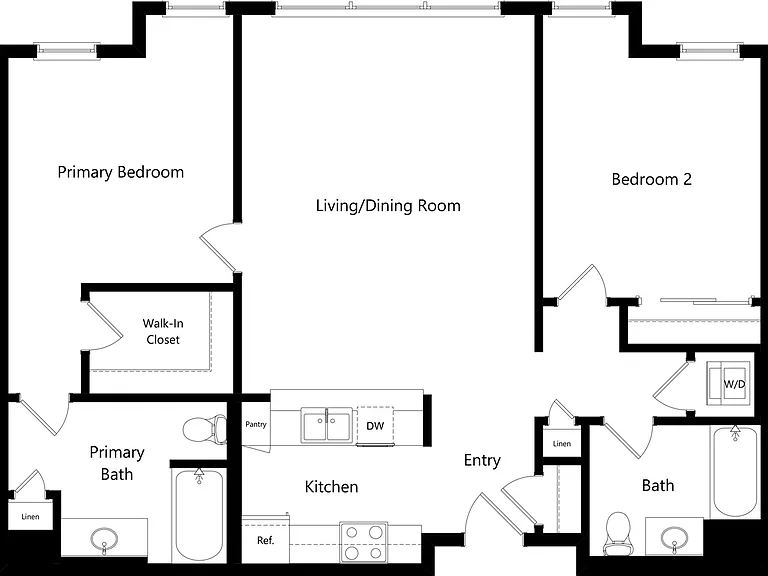 Modern 2-bedroom floor plan showcasing a spacious living/dining area, elegant kitchen, and luxurious primary suite with walk-in closet. Modern 2-bedroom floor plan showcasing a spacious living/dining area, elegant kitchen, and luxurious primary suite with