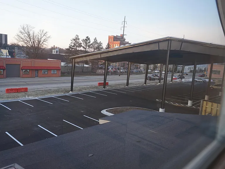 view from kitchen of ice arena brew house and bike path