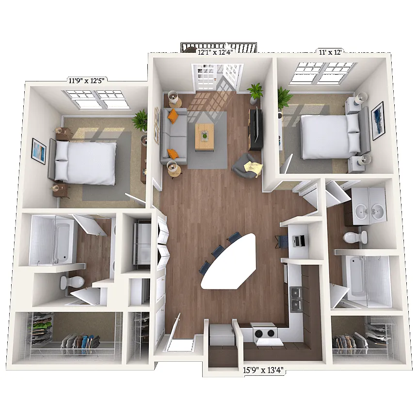 Floor plan Traditional 2x2 1043-1162 SF
