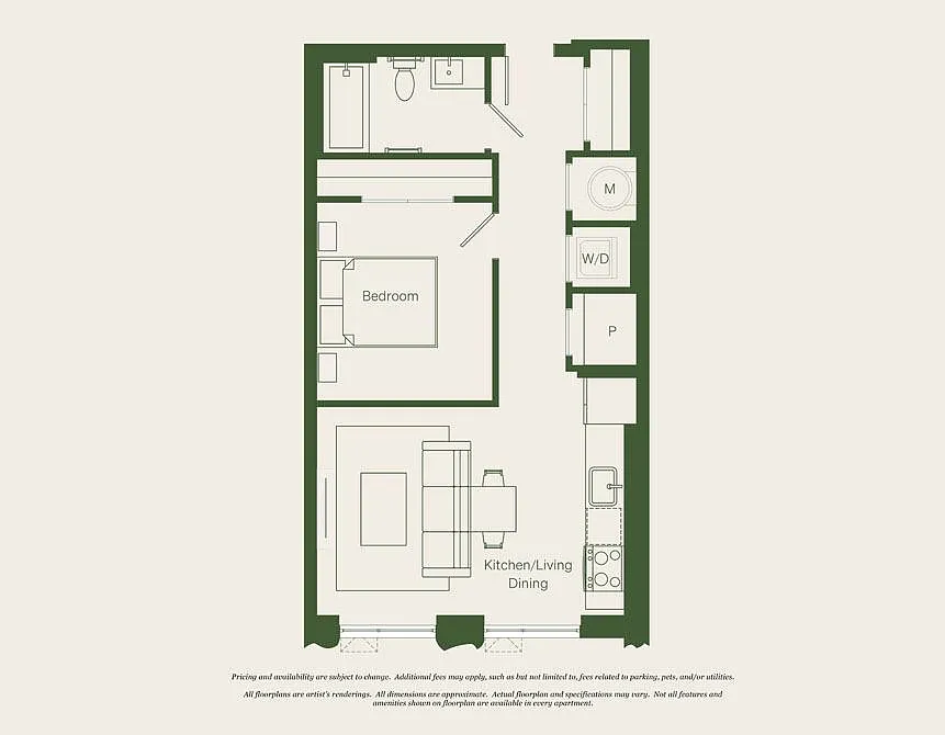 Floor plan 1 Bed- 1 Bath 591 | AJ8 - Reva