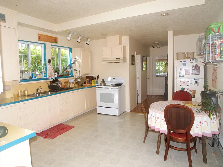 Kitchen as one person furnished it. Back door is visible. Grape arbor is visible out the kitchen windows.