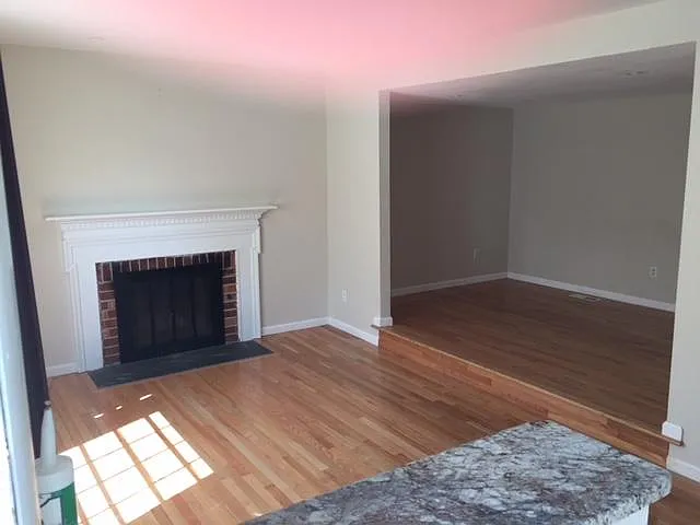 entrance foyer looking into living room & fireplace