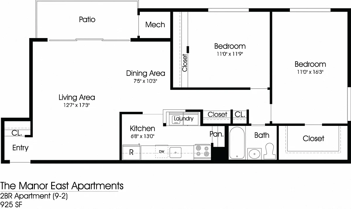 Floor plan Manor East 2BR 1BA (925sf)