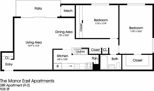 Floor plan Manor East 2BR 1BA (925sf)
