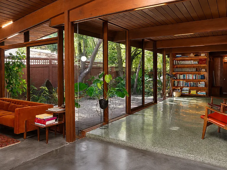 Light-filled Gallery opening to lush gardens _ A. Quincy Jones, 1951