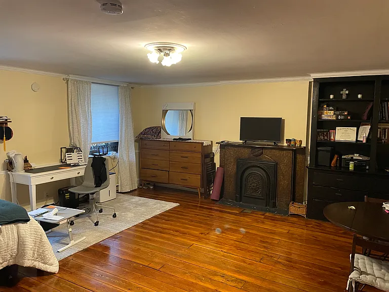 Living room + fireplace and built-in bookshelves