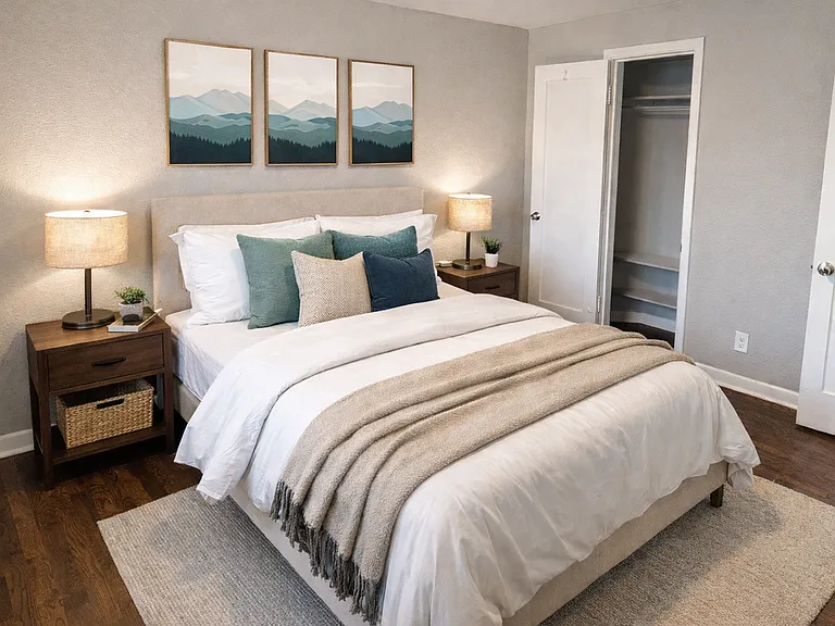 Spacious primary bedroom with a cozy ambiance, hardwood floors and generous closet space.