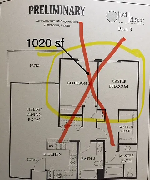 Plan 3 1020 sf. 2 bed with common wall bedrooms :) vs this unit at 1050 sf and separated bedrooms.