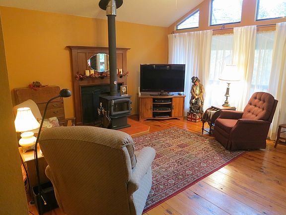 LR with wood stove &amp; woods view