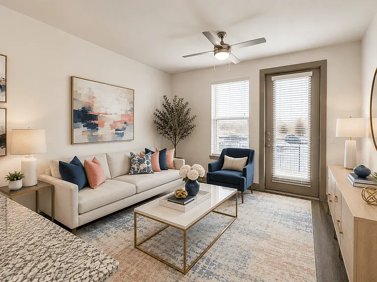 Bright living room with modern finishes, natural light, and an open floor plan.