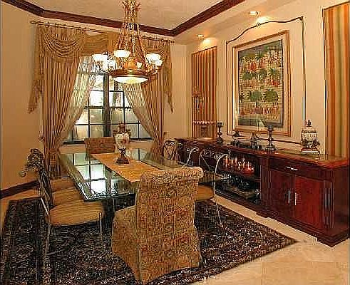 Formal Dining Room with Built in Server and Decorative Silk Wall Panel