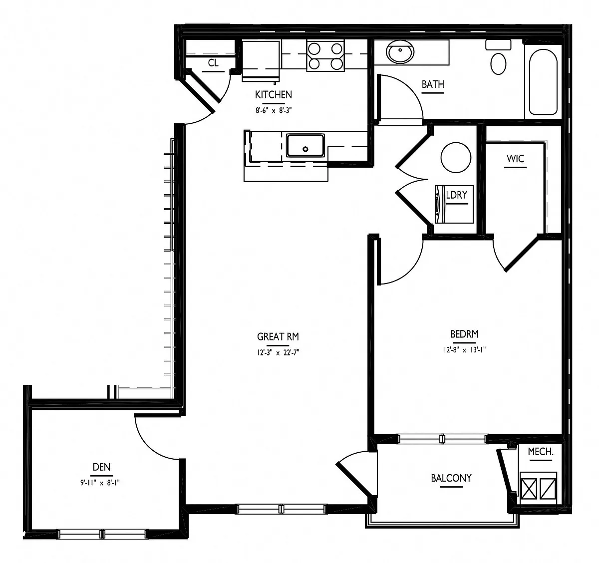 Floor plan 1 Bed/1 Bath Den-A3 Phase II