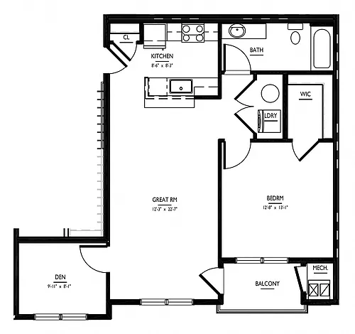 Floor plan 1 Bed/1 Bath Den-A3 Phase II