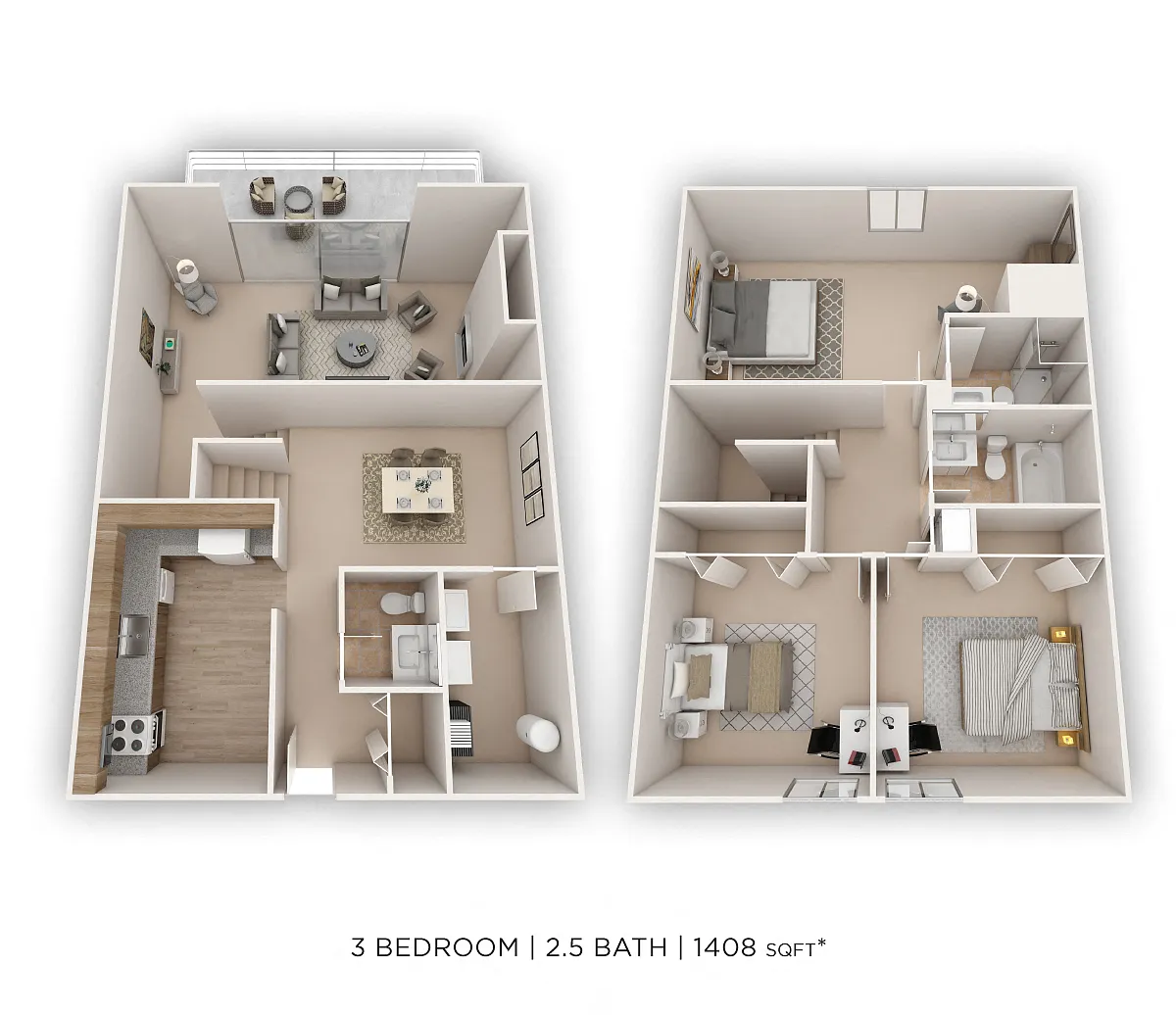 Floor plan Three Bedroom 2.5 Bath Townhome w/ Fireplace - 1,4