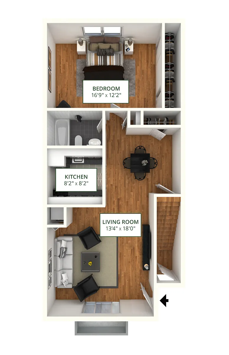 Floor plan 1BR 1BA w/Basement (740 SF)