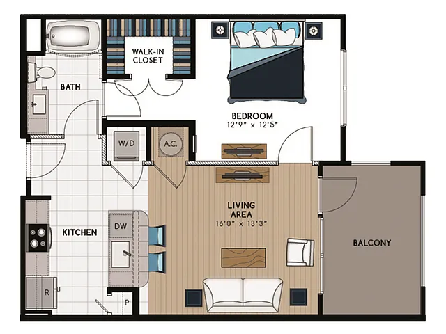 Floor plan 1 Bed, 1 Bath B (80% Income Restricted)