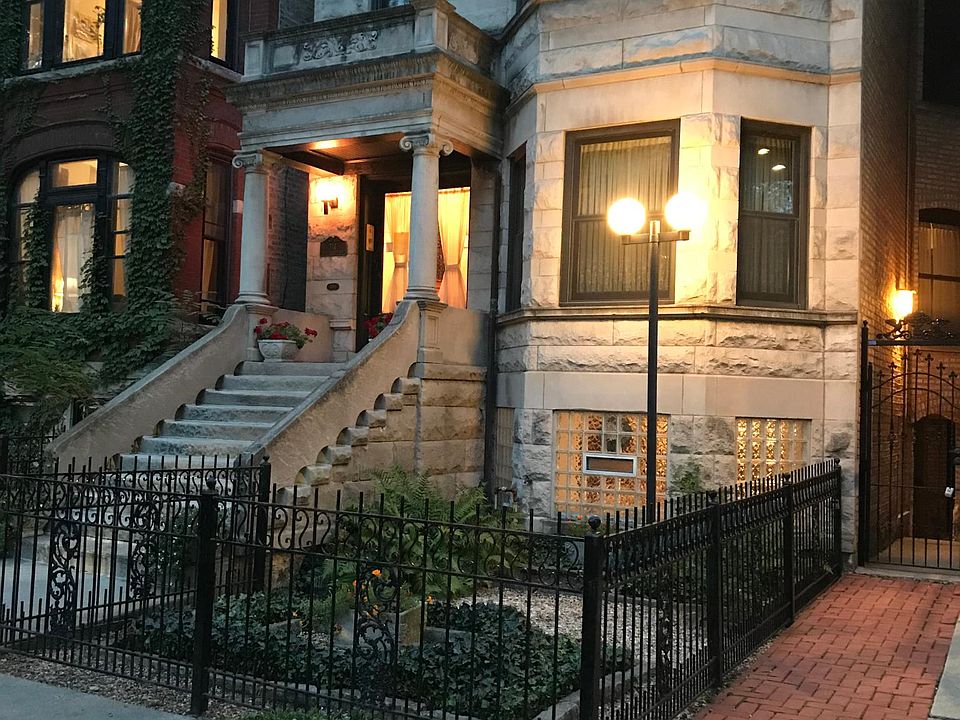 Front of building in the evening.