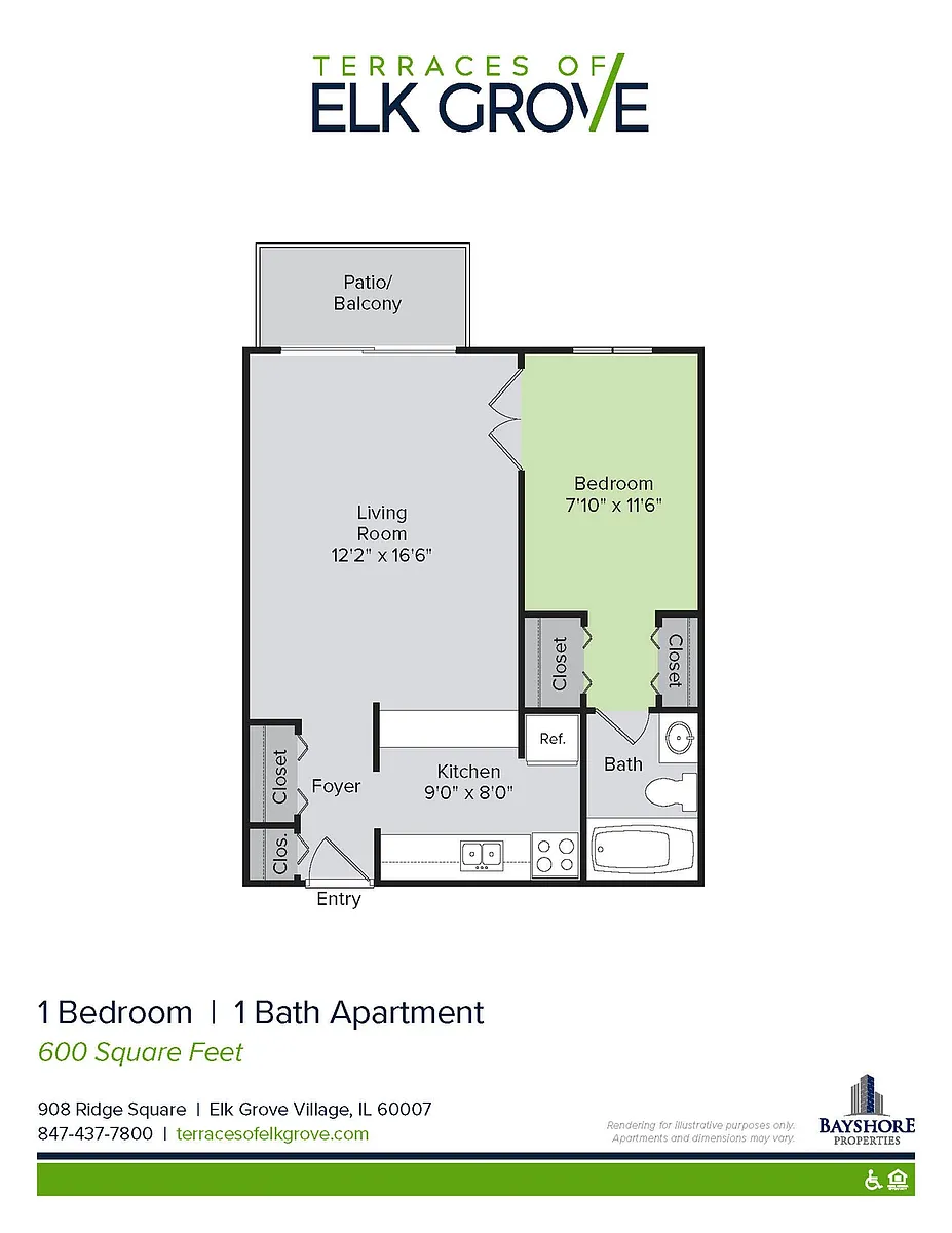 Floor plan Partially Renovated, 1 Bedroom, 1 Bath (600 sq ft)