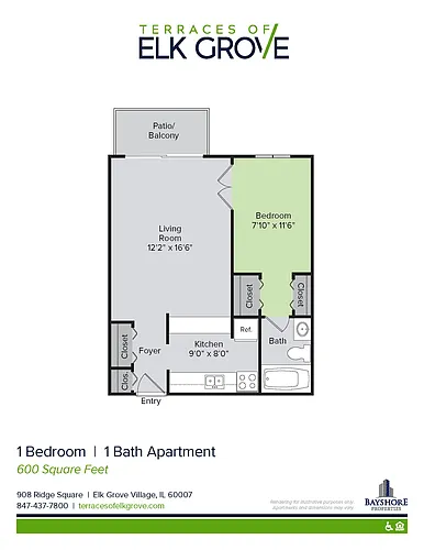 Floor plan Partially Renovated, 1 Bedroom, 1 Bath (600 sq ft)