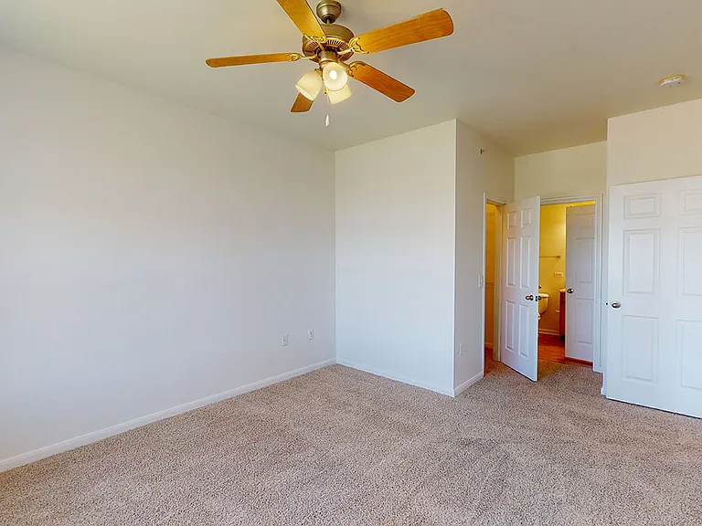 Spacious apartment bedroom with large closet, attached bathroom and plush carpet flooring.