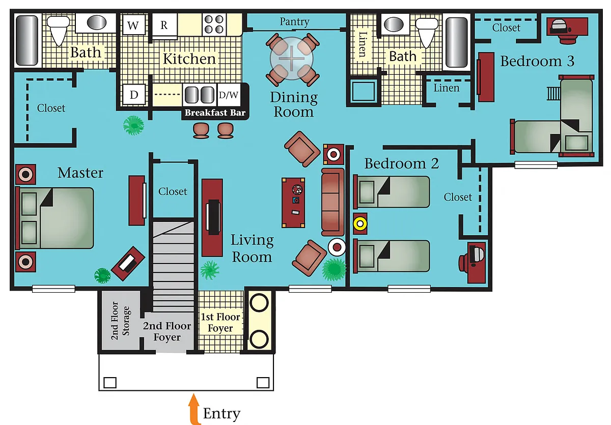 Floor plan Three Bedroom Two Bath MKT