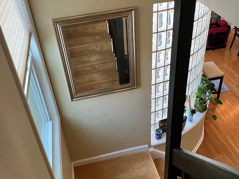 carpeted stairs with hardwood floor in kitchen