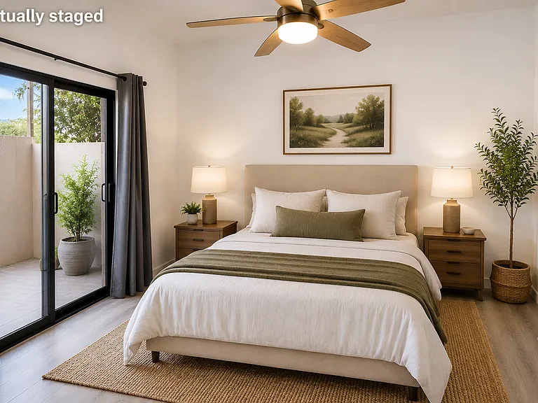 Vitrually staged bedroom with with exit to separate private patio