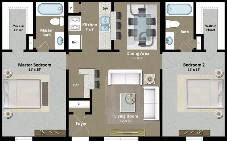 2 Bed 2 Bath C Floorplan Diagram
