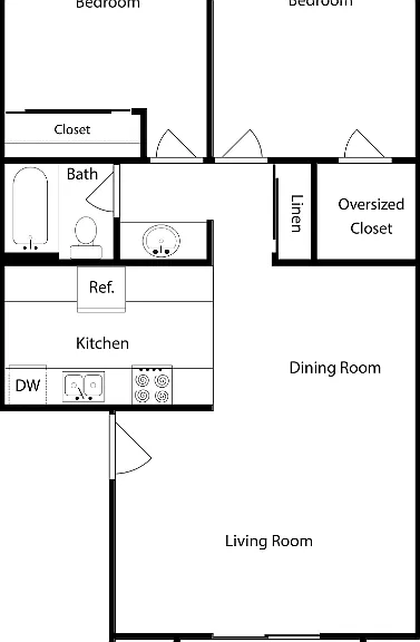 Two-Bedroom, One-Bathroom Floorplan Diagram