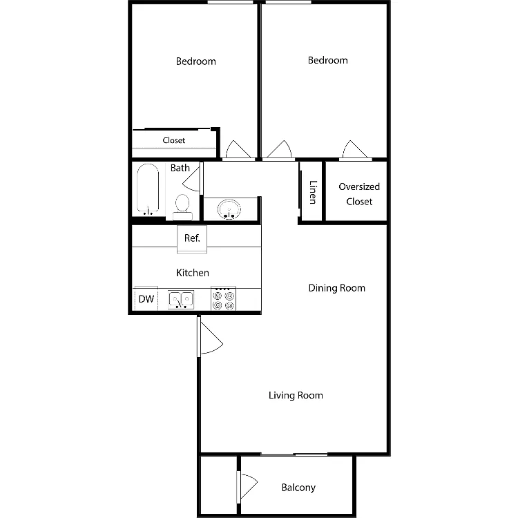 Floor plan Two-Bedroom, One-Bathroom