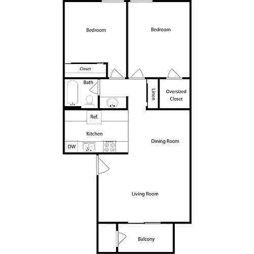 Floor plan Two-Beds, One-Bath