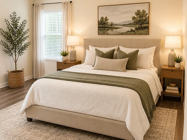 AI Staged space. But primary bedroom has space for king size bed with ensuite bathroom