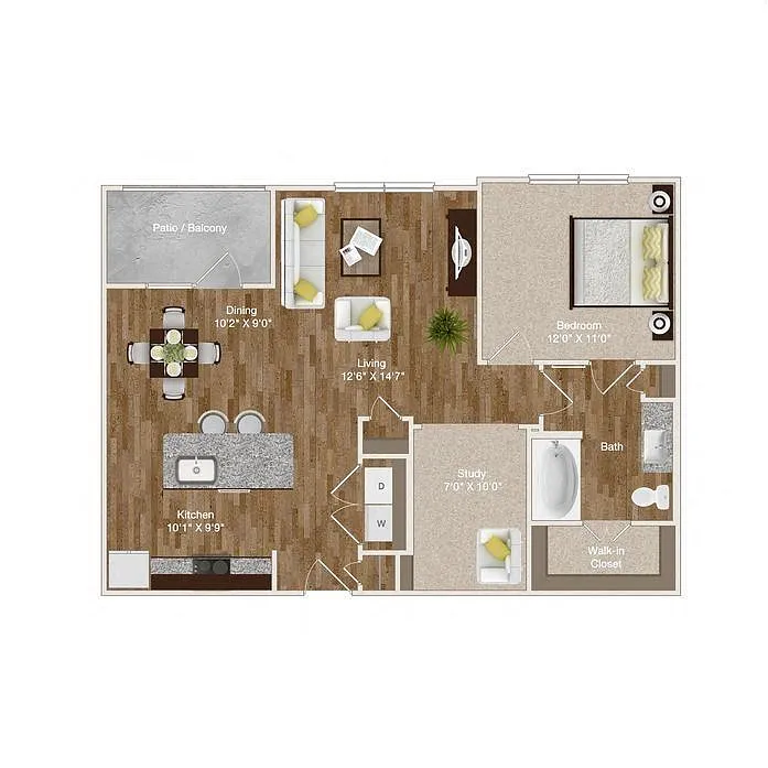 Floor plan A6 - 1Bed/1Bath - Island Kitchen & Study/Office
