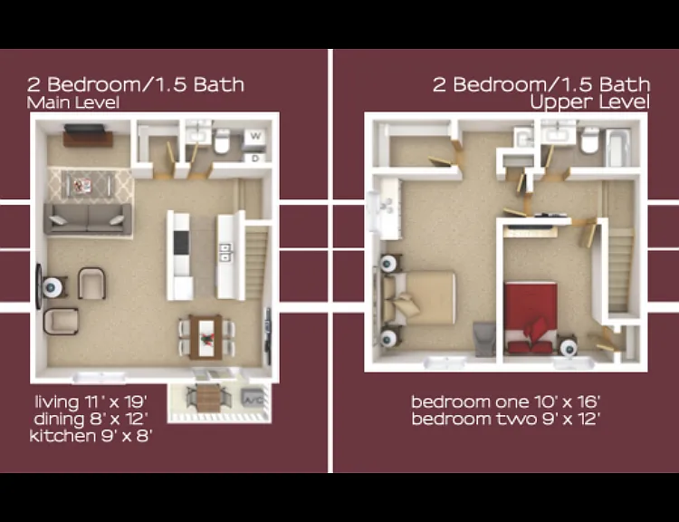 2 Bed 1.5 Bath Floorplan Diagram